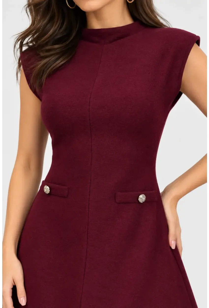 Bordo Dik Yaka A Kesim Mini Elbise