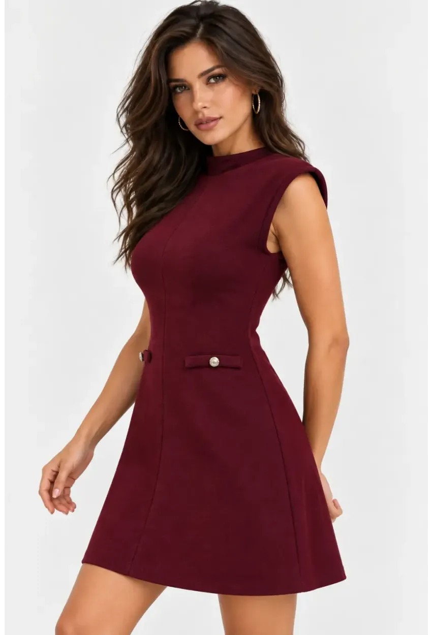 Bordo Dik Yaka A Kesim Mini Elbise