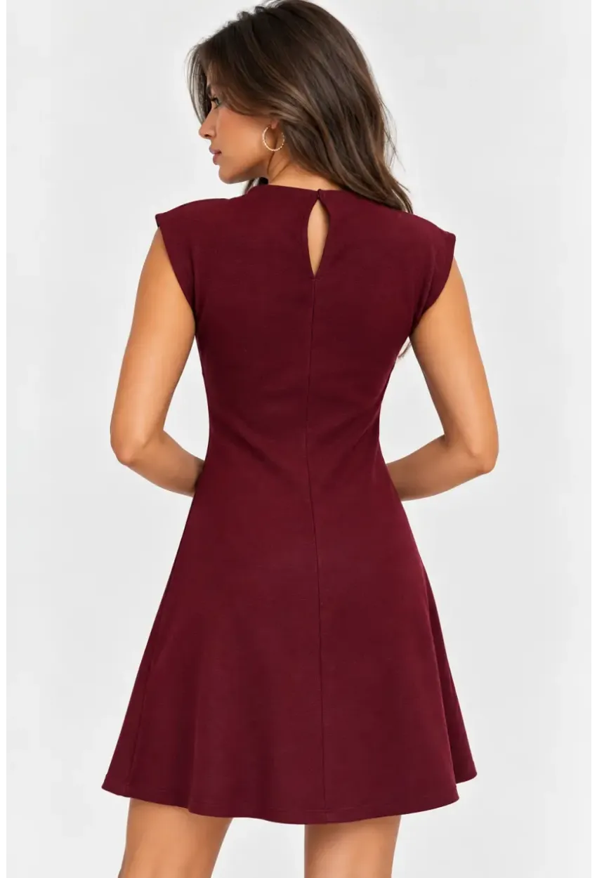 Bordo Dik Yaka A Kesim Mini Elbise