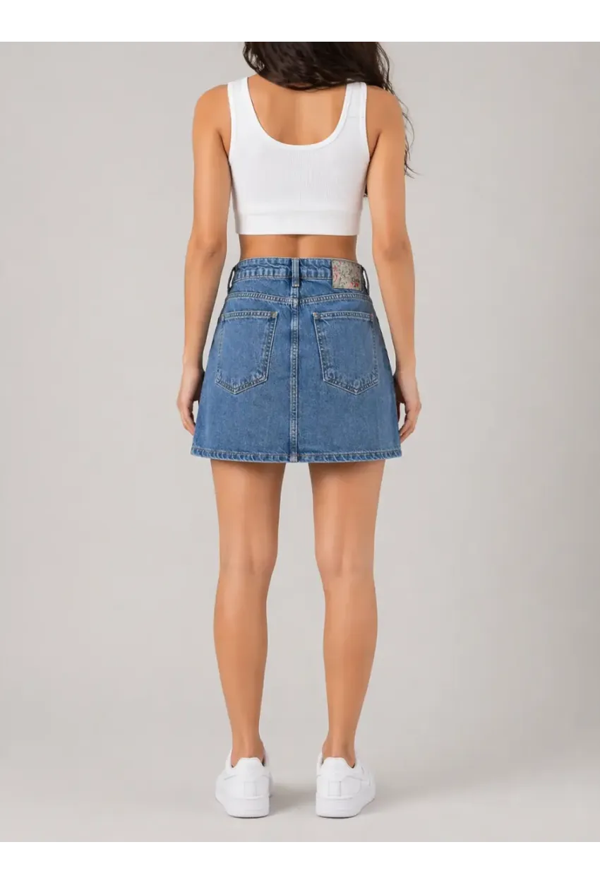 Açık Mavi Yıkamalı Cep Detaylı Denim Mini Etek