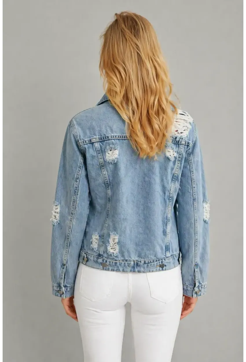 Açık Mavi Yıkamalı Yırtık Detaylı Denim Ceket