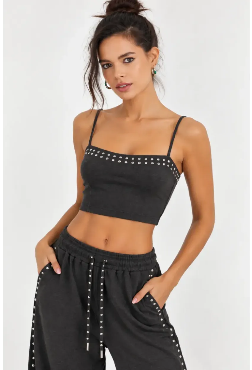 Antrasit Zımba İşlemeli Oversize Crop Hırka & İnce Askılı Atlet İkili Takım