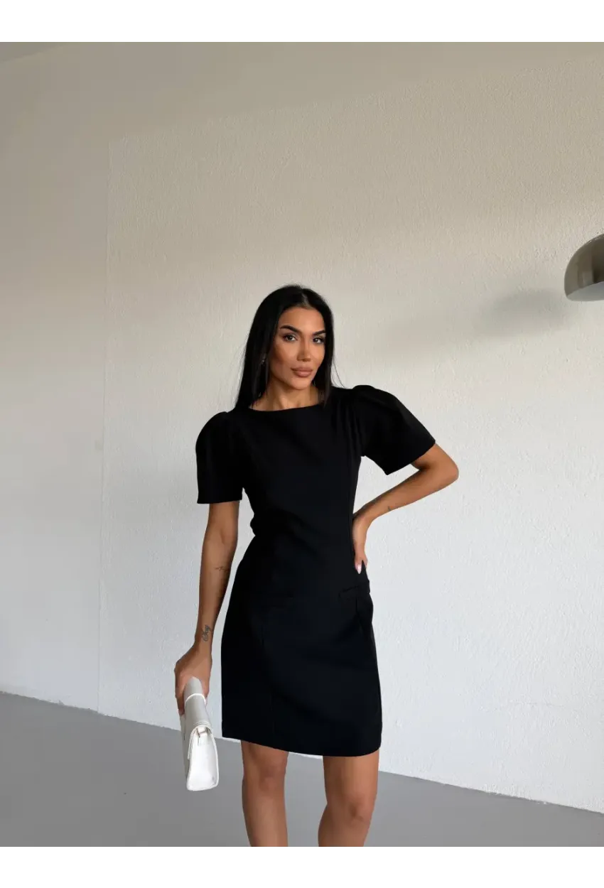 Atlas Kumaş Balon Kol Cep Detay Elbise