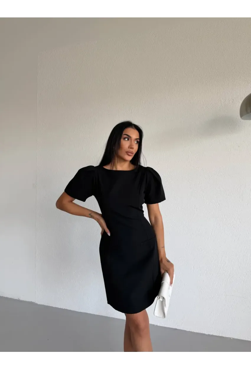 Atlas Kumaş Balon Kol Cep Detay Elbise