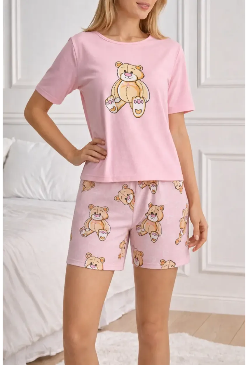 Ayıcık Baskılı Şortlu Kadın Pijama Takımı Pembe