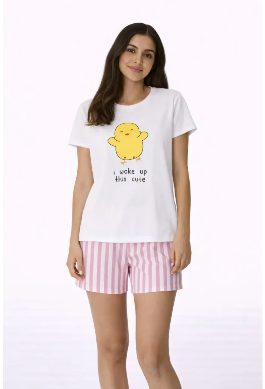 Baskılı Kısa Kollu Şortlu Pamuklu Pijama Takımı