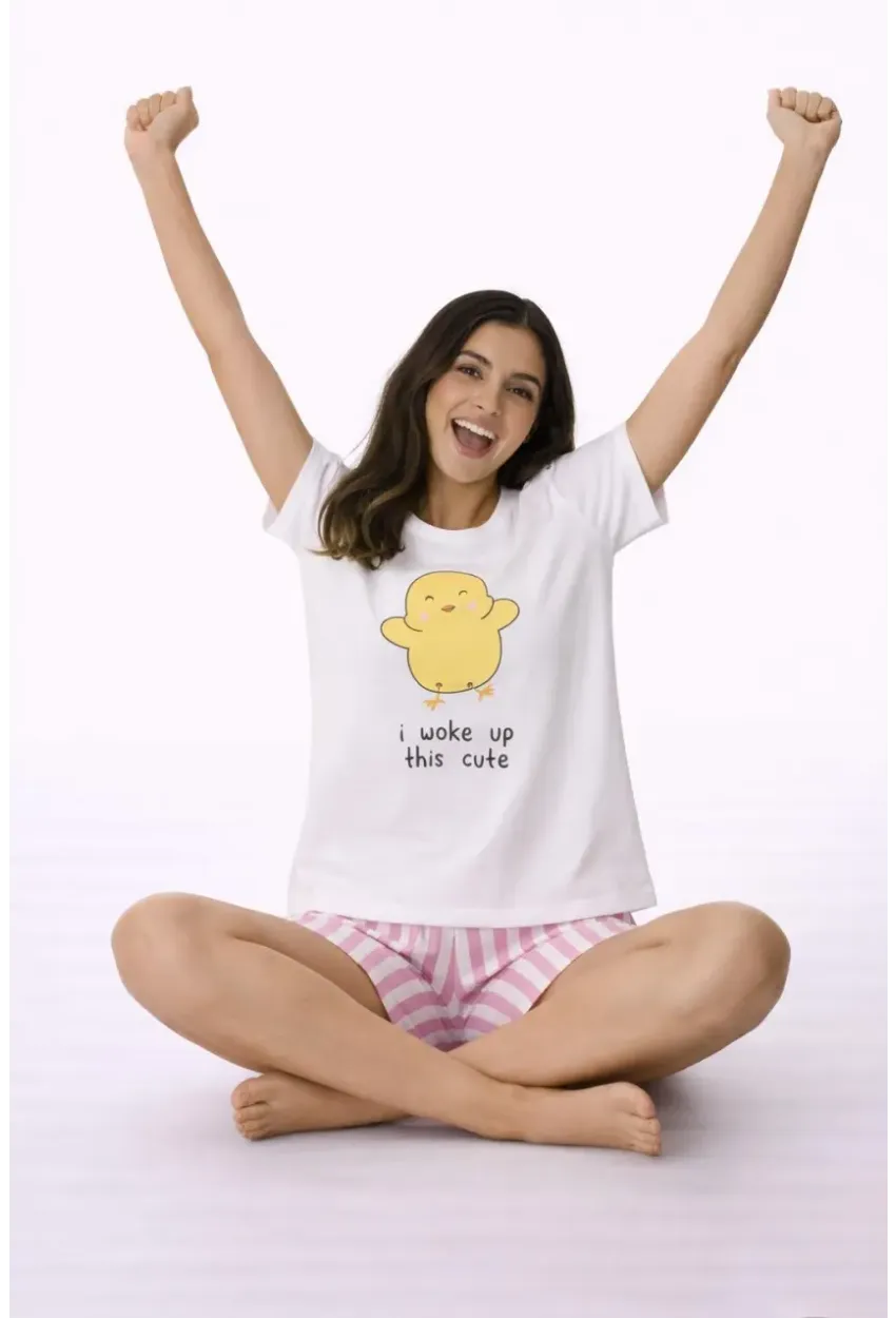 Baskılı Kısa Kollu Şortlu Pamuklu Pijama Takımı