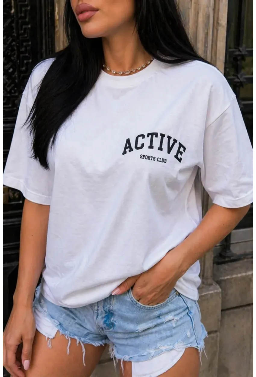 Beyaz “Active” Baskılı Oversize Penye T-Shirt – Minimal Spor Şık Tasarım
