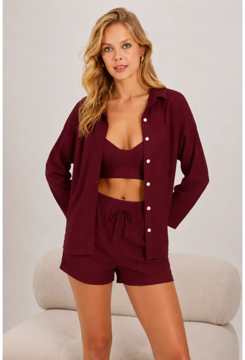 Bordo 3lü Bralı Düz Örme Pijama Takımı