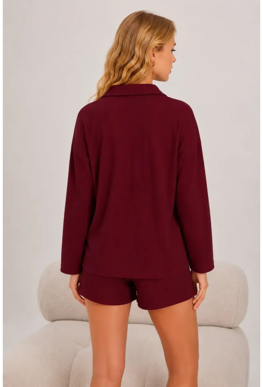 Bordo 3lü Bralı Düz Örme Pijama Takımı
