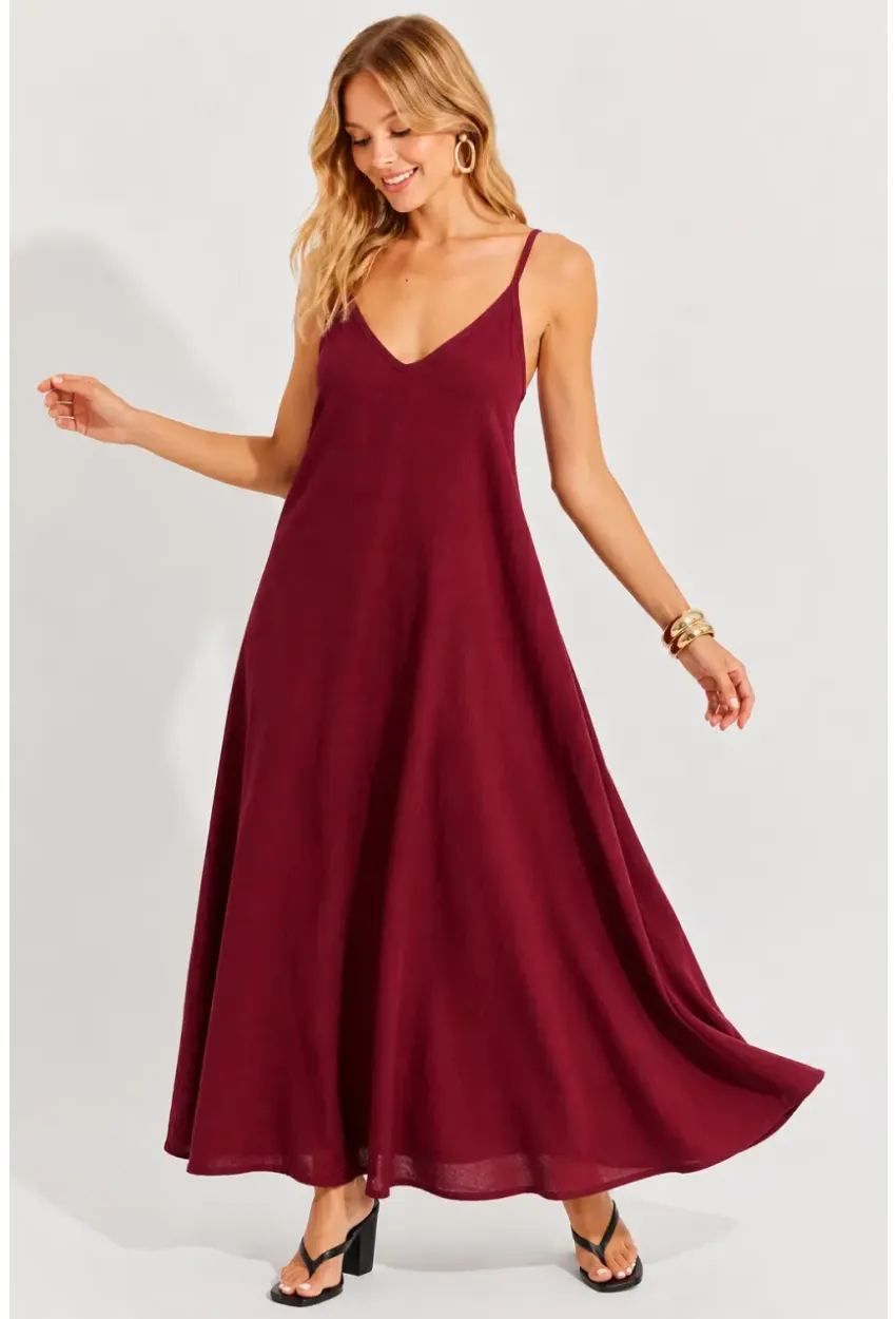 Bordo Askılı Salaş Maxi Elbise