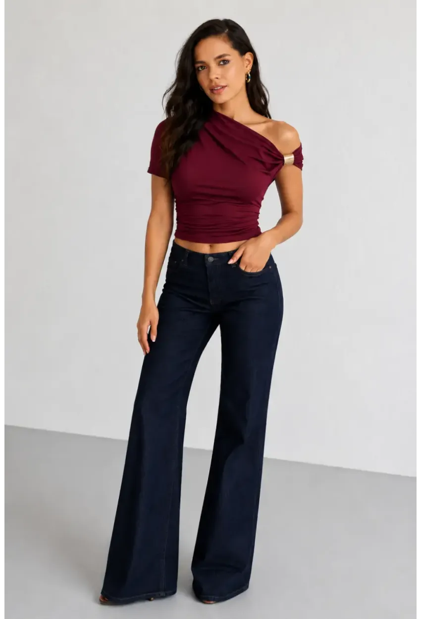 Bordo Gold Tokalı Tek Omuz Drapeli Sandy Bluz