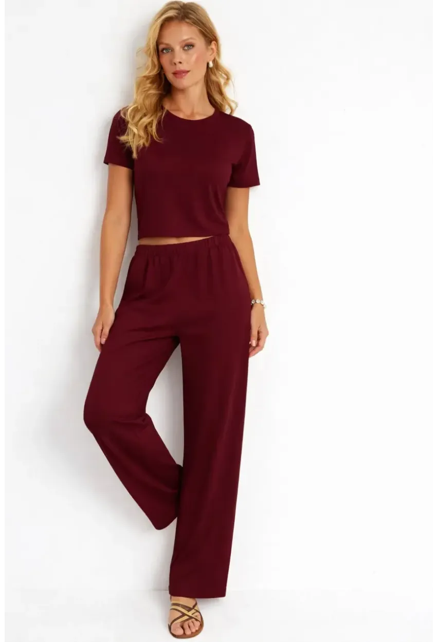 Bordo Modal Kumaş Crop Tişört & Yüksek Bel Bol Paça Takım