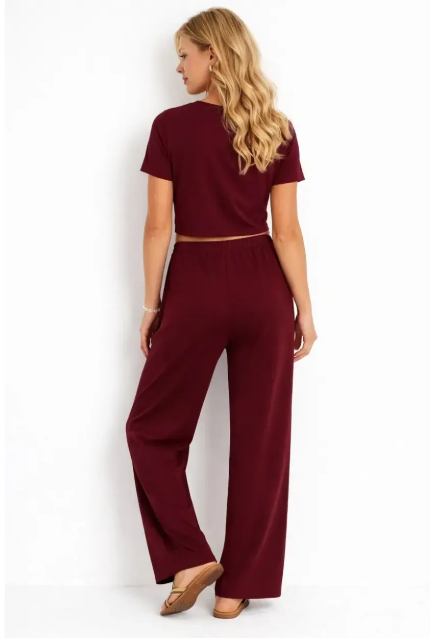 Bordo Modal Kumaş Crop Tişört & Yüksek Bel Bol Paça Takım
