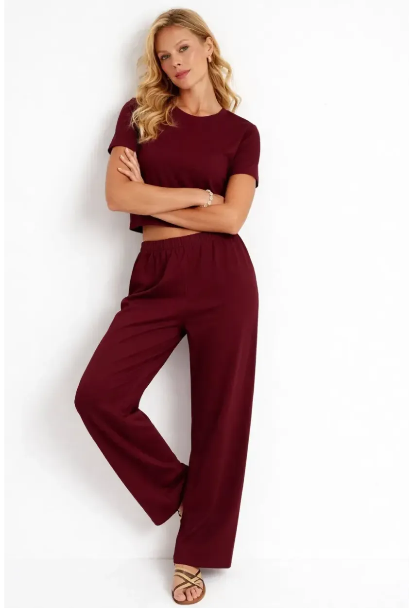 Bordo Modal Kumaş Crop Tişört & Yüksek Bel Bol Paça Takım