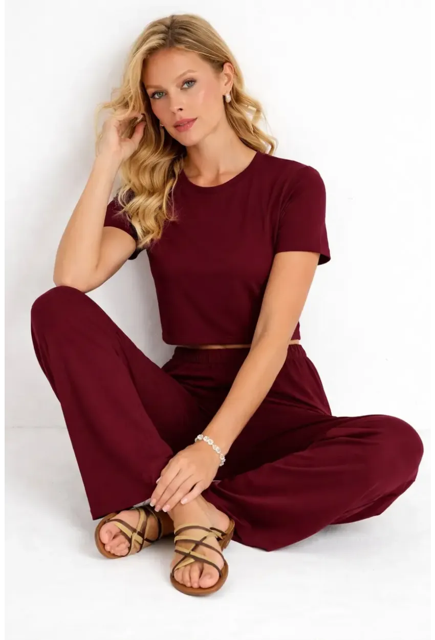 Bordo Modal Kumaş Crop Tişört & Yüksek Bel Bol Paça Takım