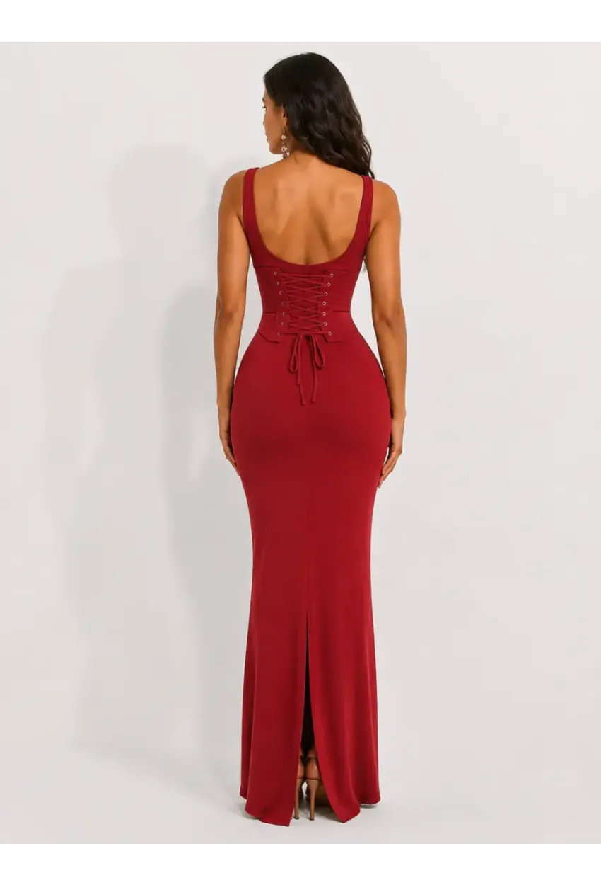 Bordo Tonu Korse Detaylı Maxi Elbise