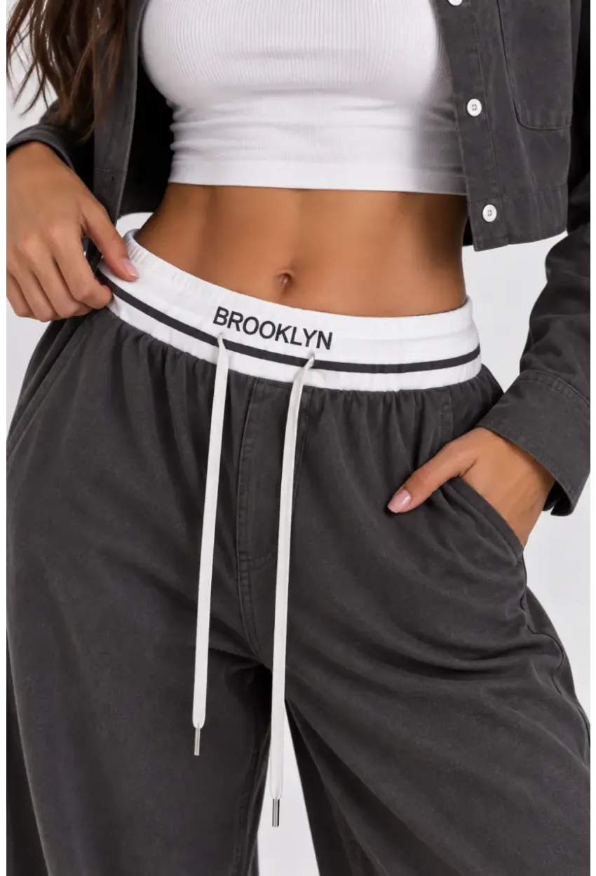 Brooklyn Kadın Crop Gömlek & Bol Paça Pantolon İkili Takım – Antrasit