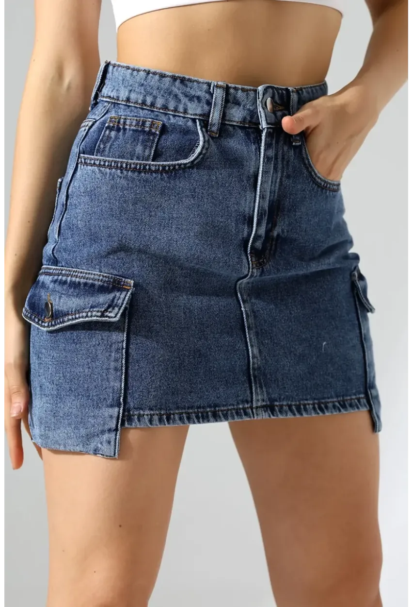 Cep Detaylı Mini Jean Etek – Yüksek Bel, Modern Kesim Kot Etek