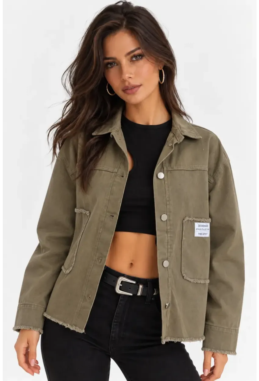 Cep ve Arma Detaylı Oversize Denim Ceket – Haki