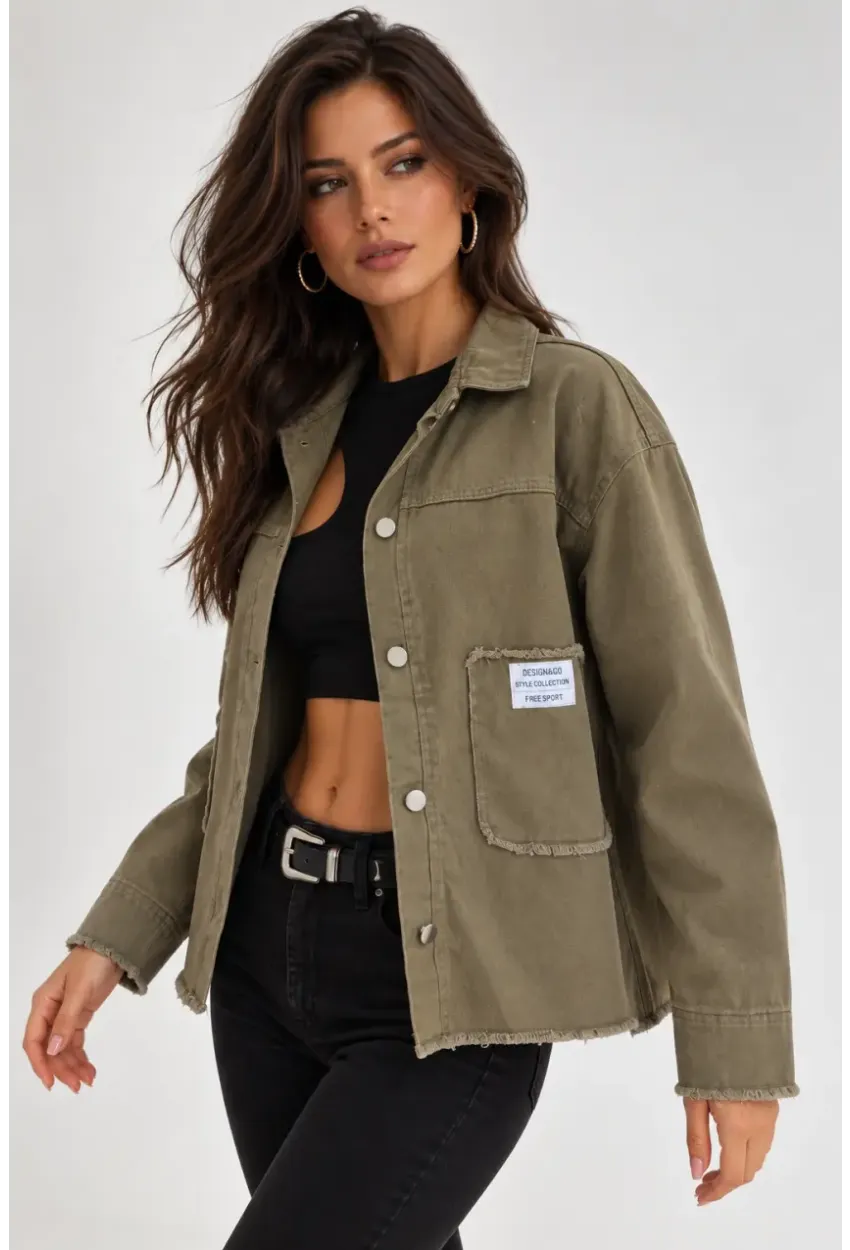 Cep ve Arma Detaylı Oversize Denim Ceket – Haki