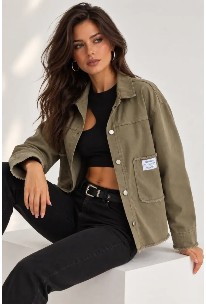 Cep ve Arma Detaylı Oversize Denim Ceket – Haki