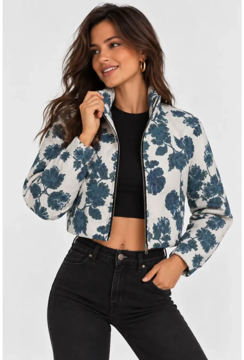 Çiçek Desenli Dik Yaka Crop Bomber Mont