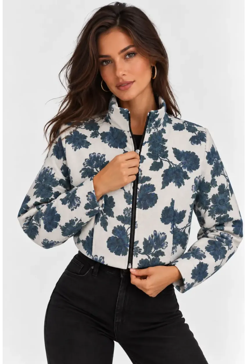 Çiçek Desenli Dik Yaka Crop Bomber Mont