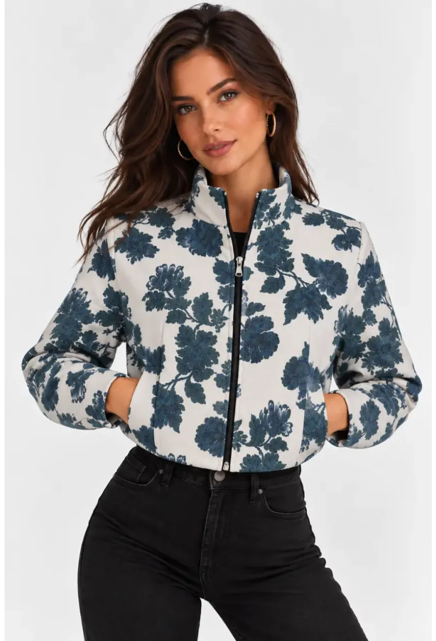 Çiçek Desenli Dik Yaka Crop Bomber Mont