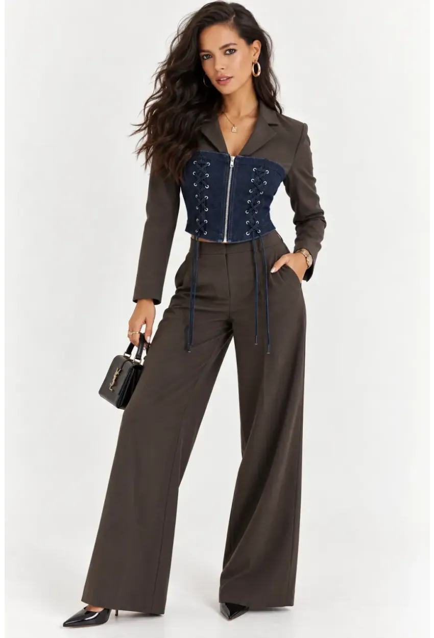 Denim Korsaj Detaylı Blazer & Palazzo Pantolon Takım