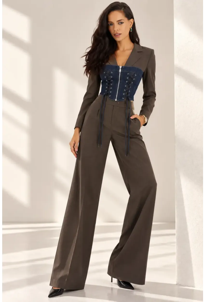 Denim Korsaj Detaylı Blazer & Palazzo Pantolon Takım