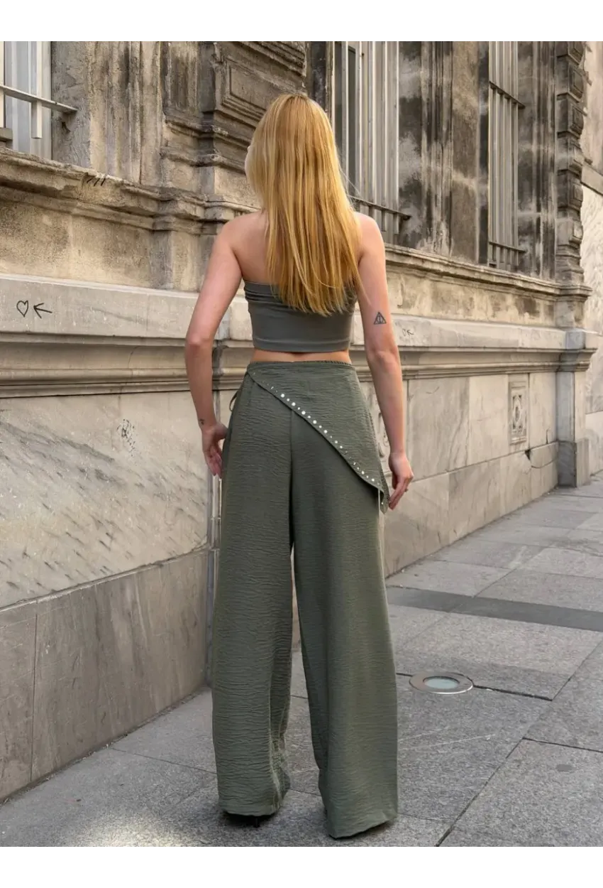 Dökümlü Bel Detay Pantalon Haki