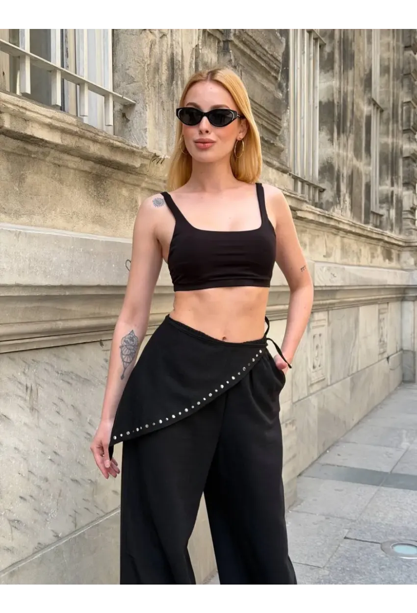 Dökümlü Bel Detay Pantalon Siyah