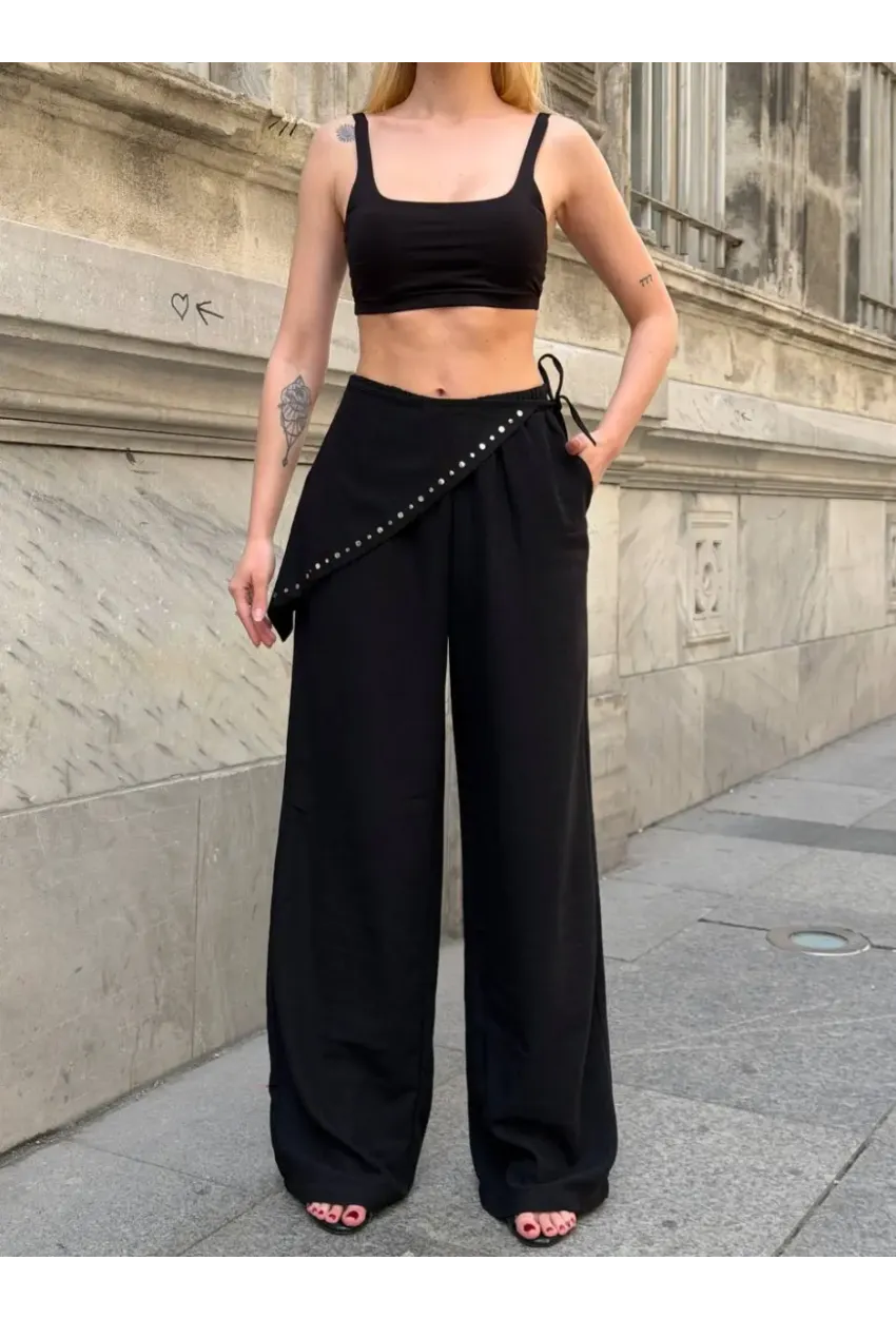 Dökümlü Bel Detay Pantalon Siyah