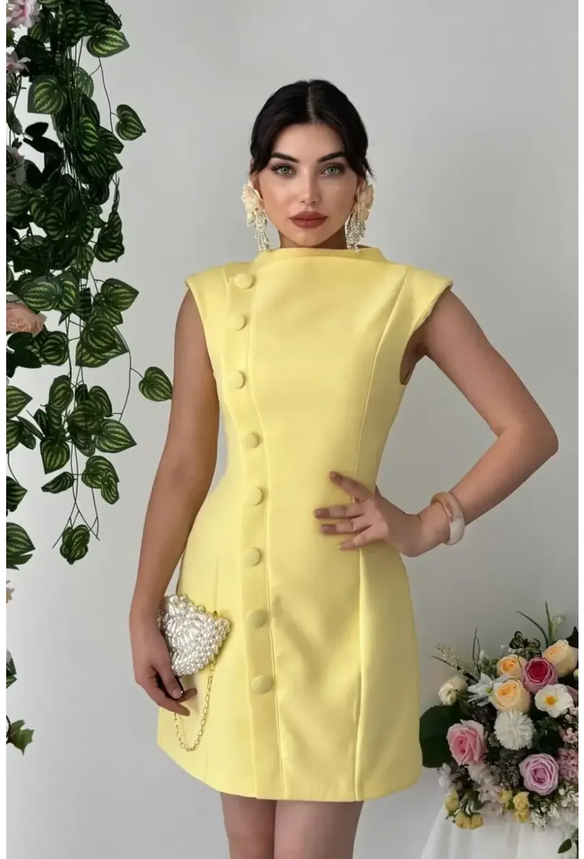 Düğme Detaylı Elbise Sarı