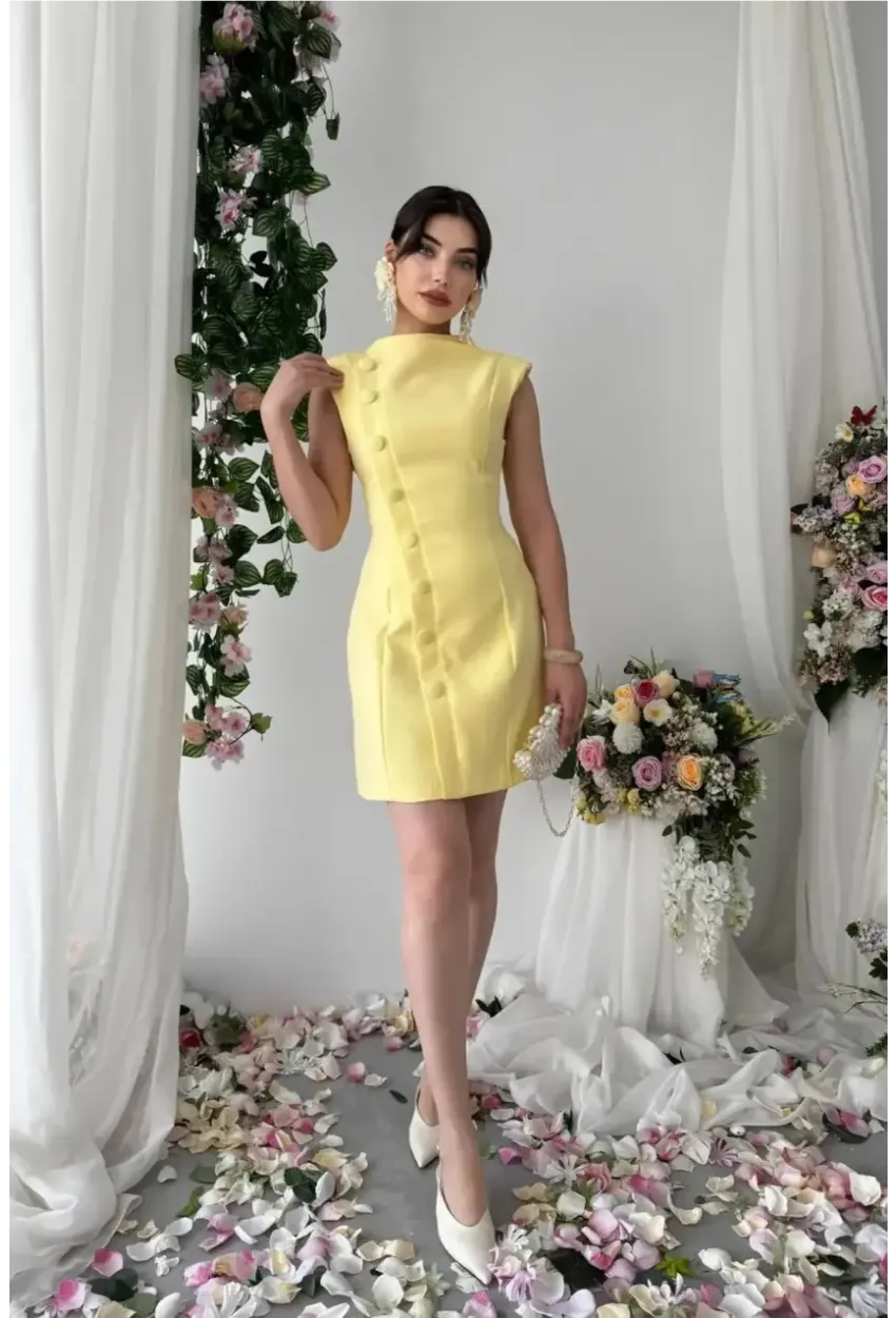 Düğme Detaylı Elbise Sarı