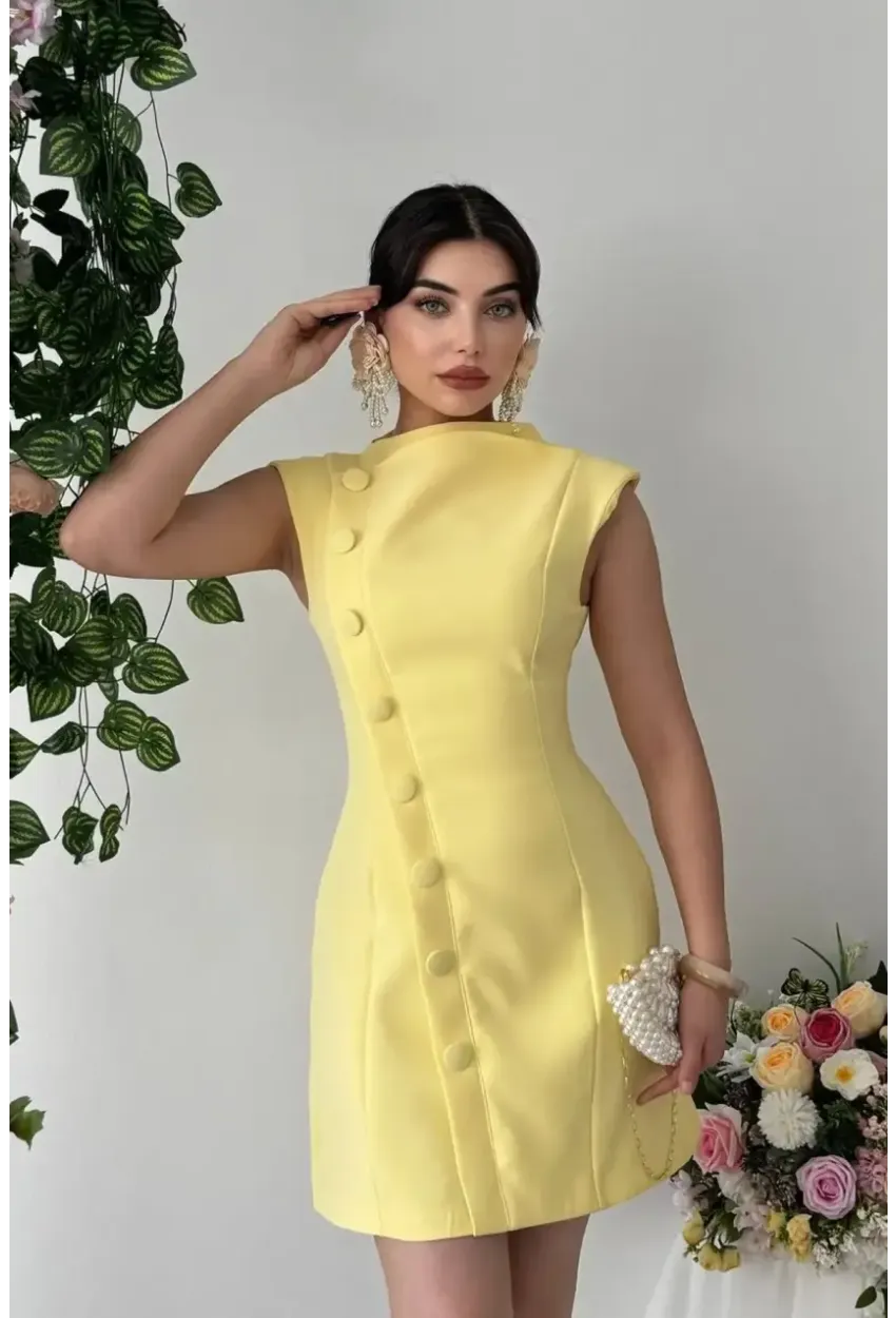 Düğme Detaylı Elbise Sarı