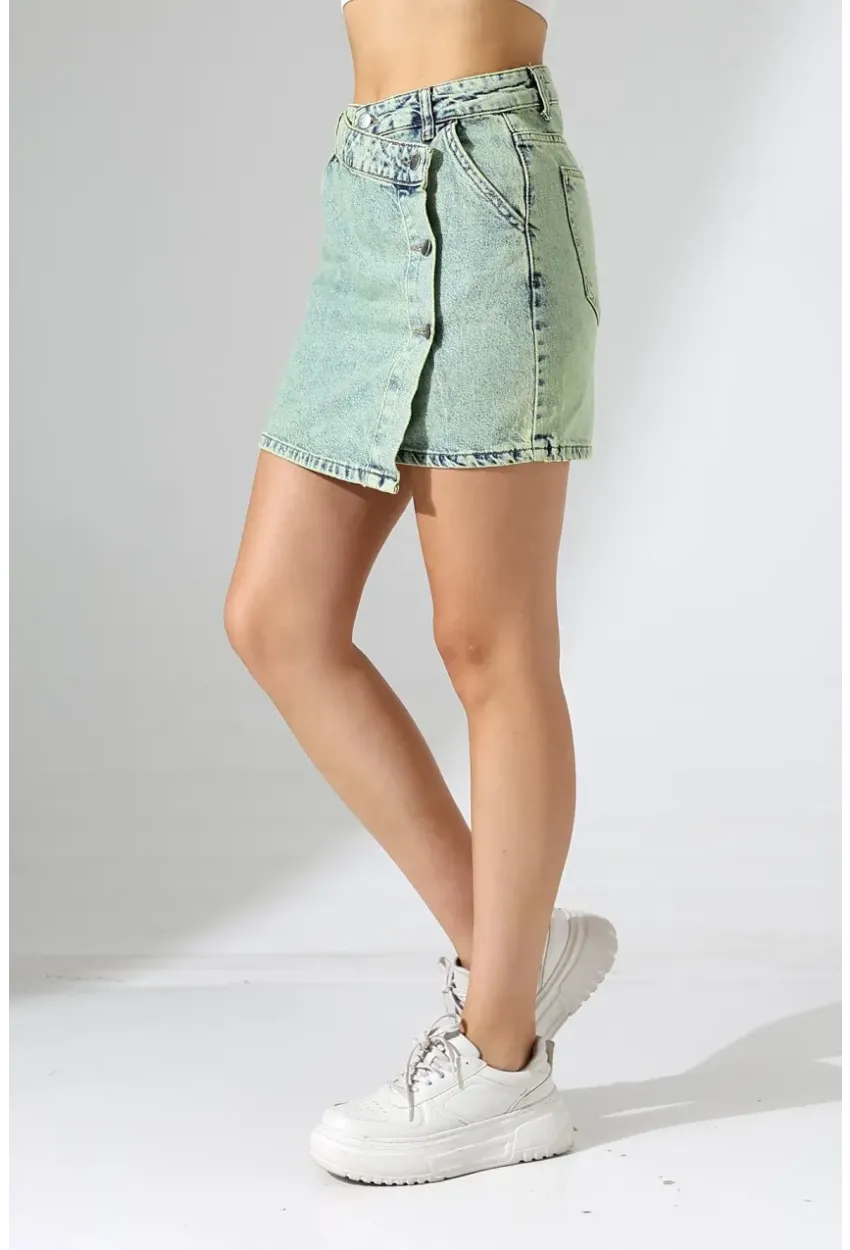 Düğme Detaylı Jean Mini Etek