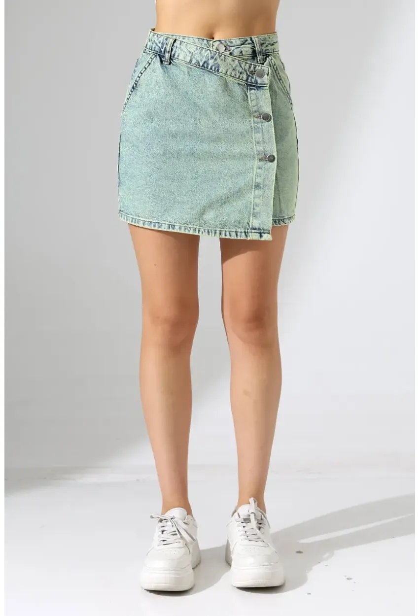 Düğme Detaylı Jean Mini Etek
