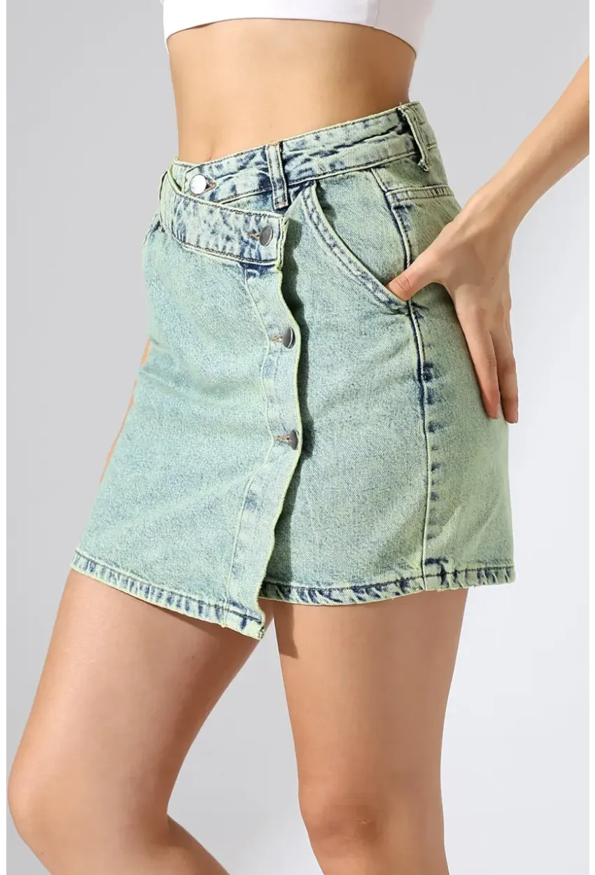 Düğme Detaylı Jean Mini Etek