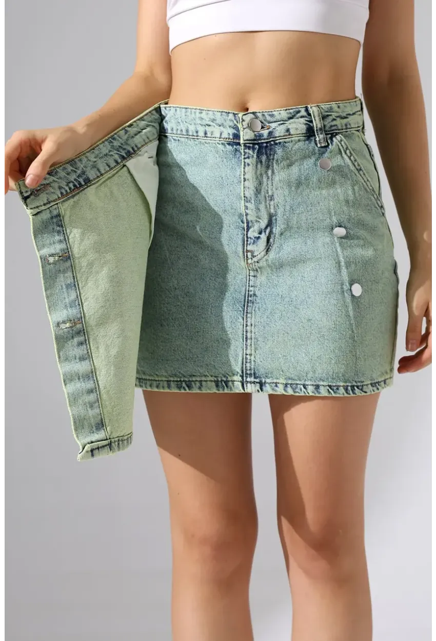 Düğme Detaylı Jean Mini Etek
