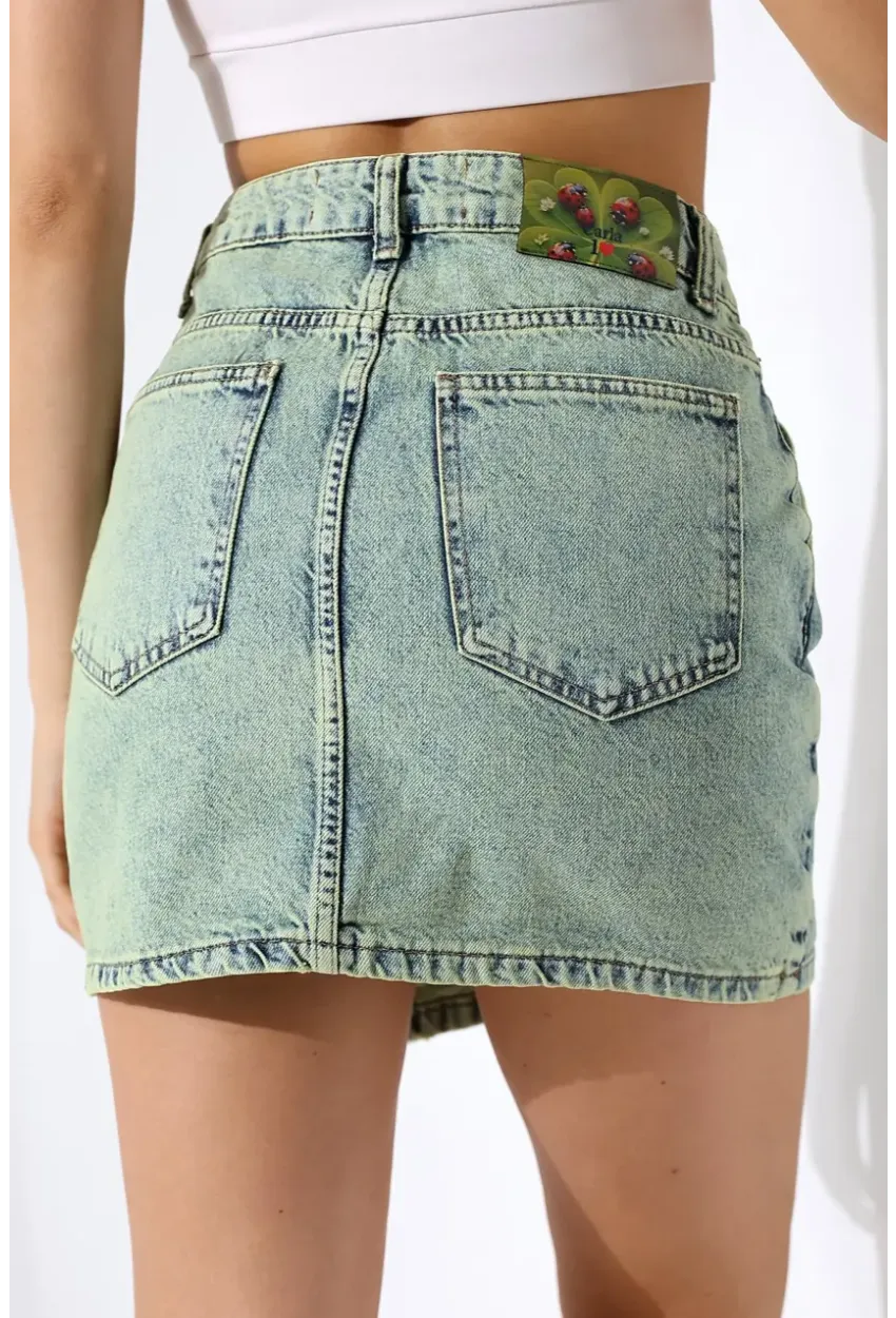 Düğme Detaylı Jean Mini Etek