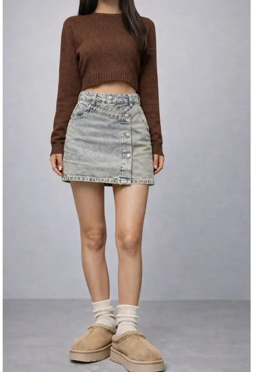 Düğme Detaylı Jean Mini Etek – Açık Mavi