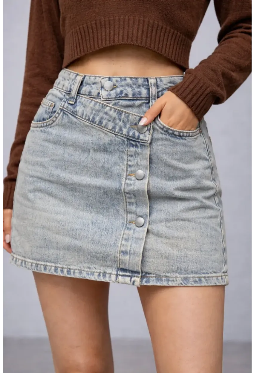 Düğme Detaylı Jean Mini Etek – Açık Mavi