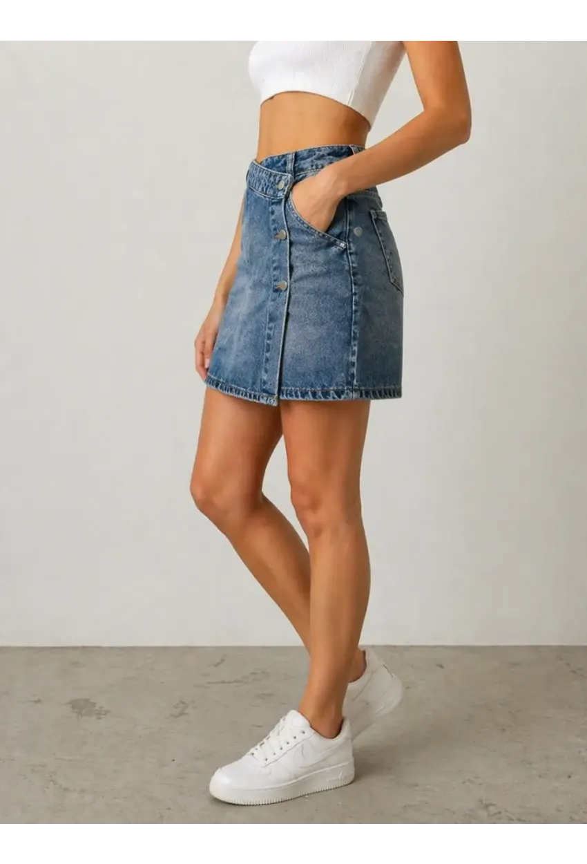 Düğme Detaylı Jean Mini Etek – Lacivert