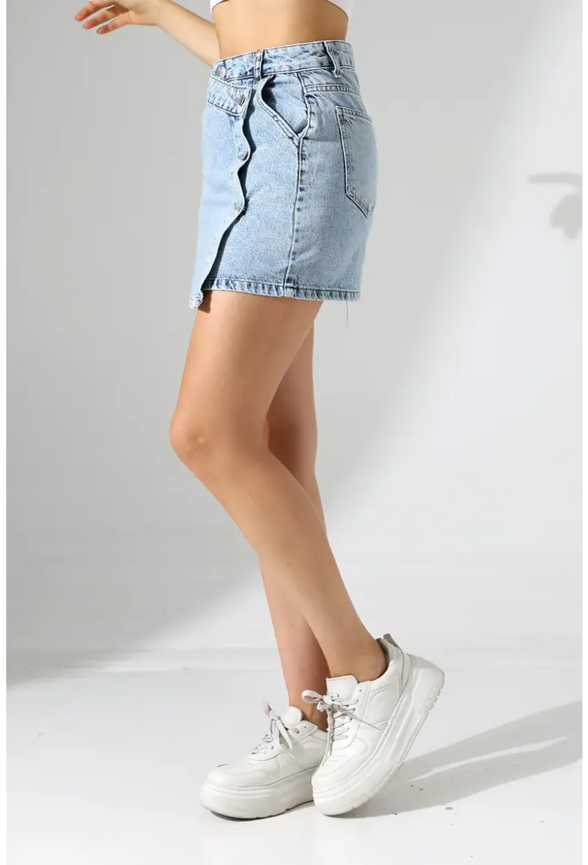 Düğme Detaylı Jean Mini Etek – Mavi