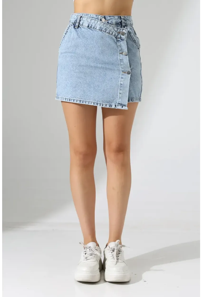Düğme Detaylı Jean Mini Etek – Mavi