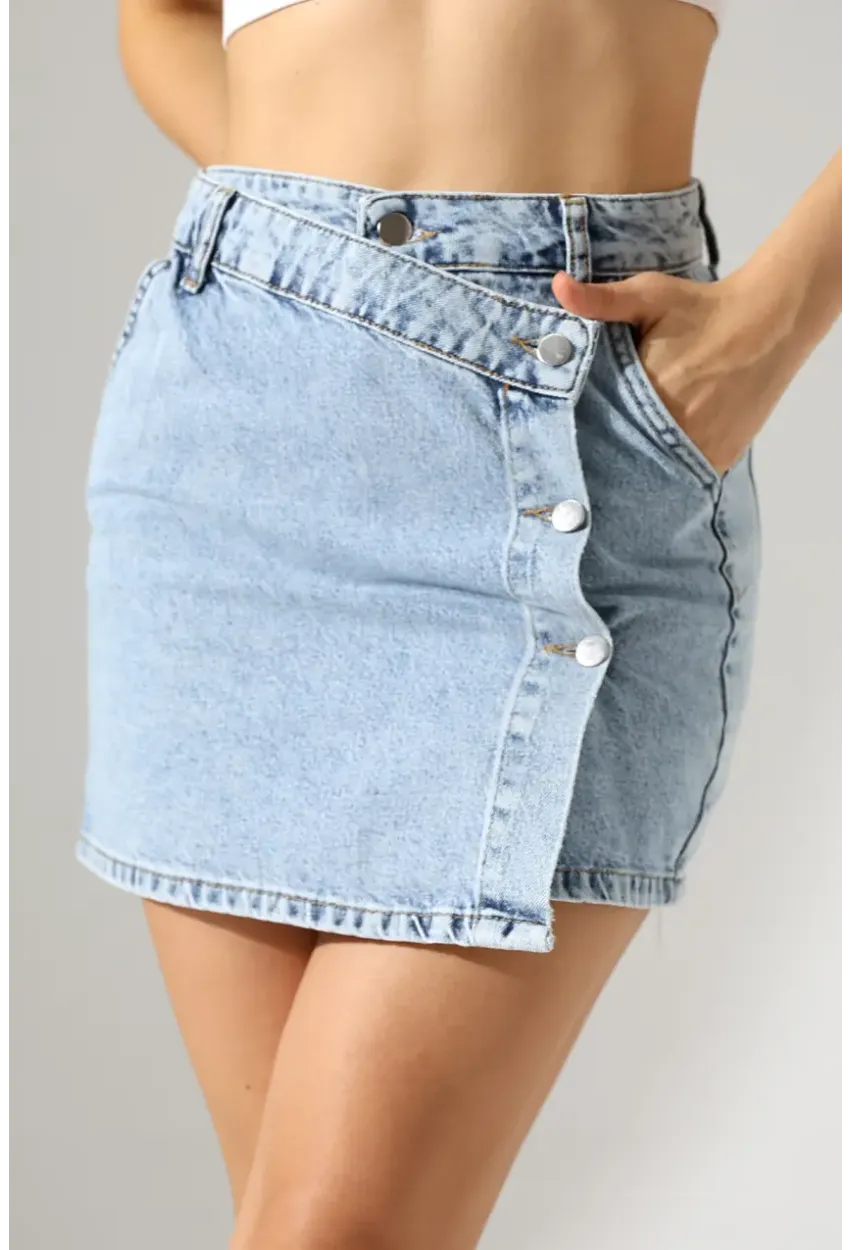 Düğme Detaylı Jean Mini Etek – Mavi