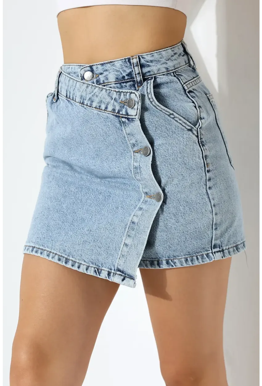Düğme Detaylı Jean Mini Etek – Mavi