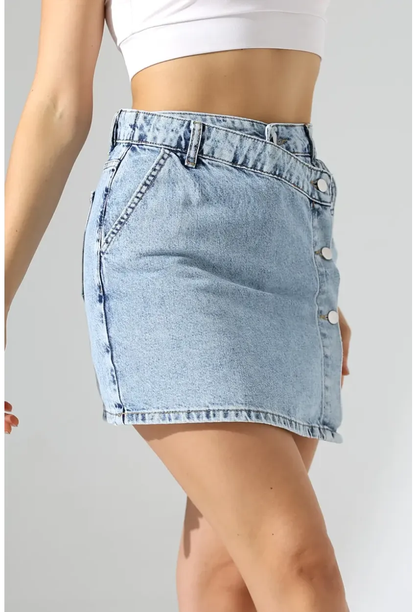 Düğme Detaylı Jean Mini Etek – Mavi